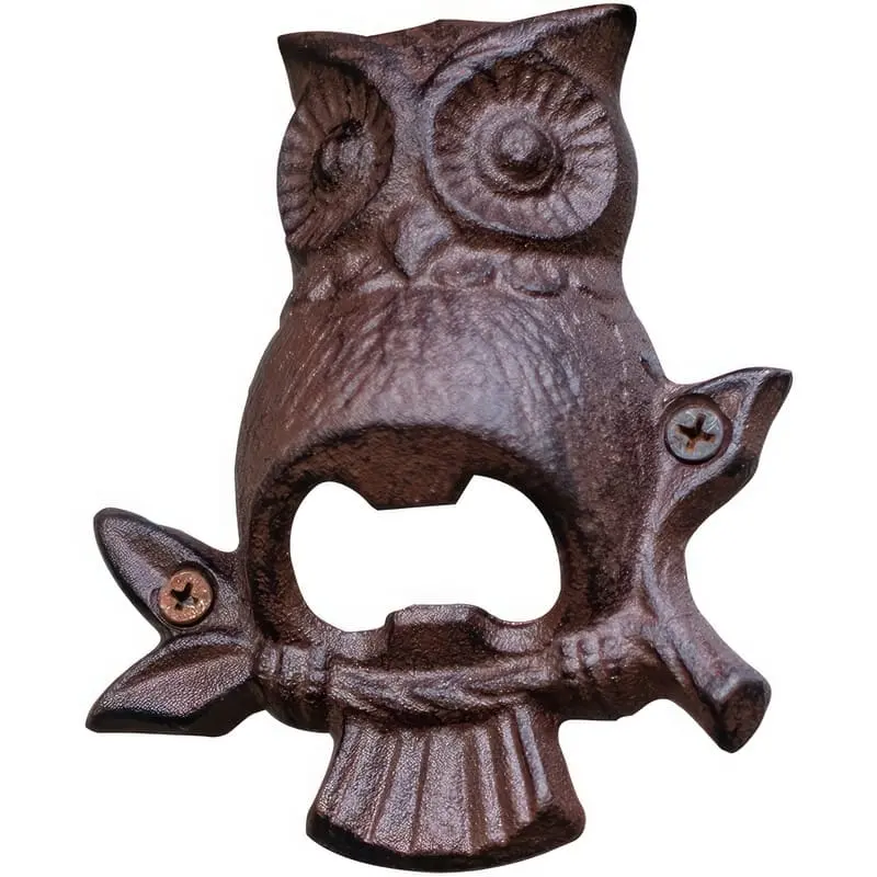 Décapsuleur mural hibou en fonte patinée, plumage et branche finement moulés